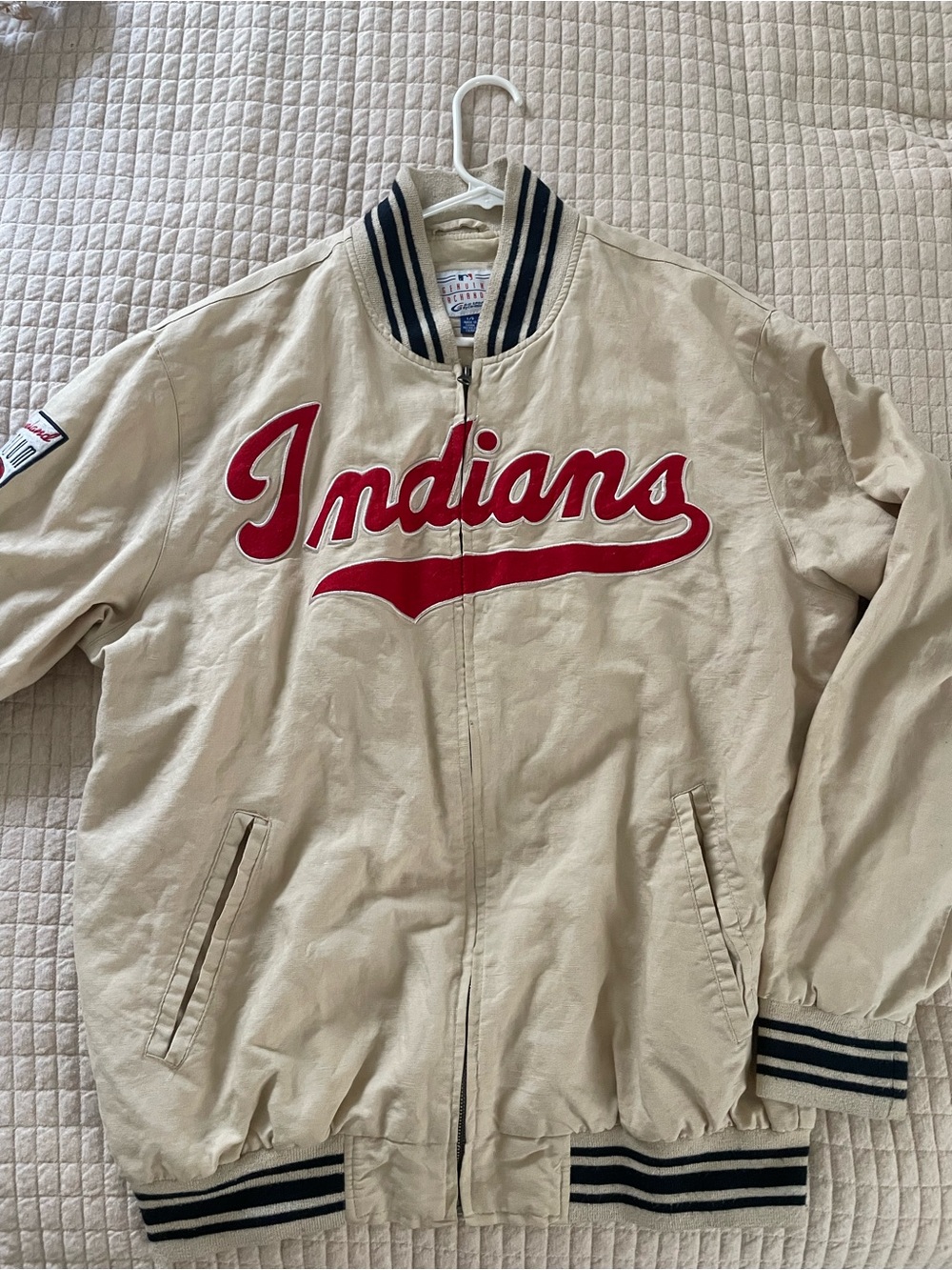 Indians Guardians baseball Script Bomber Jacket in Beige and Red
